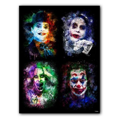 affiche-poster-tableau-cinema-jack-nicholson-heath-ledger-jared-leto-joachim-phoenix-jokerx4-©-totor-splashed