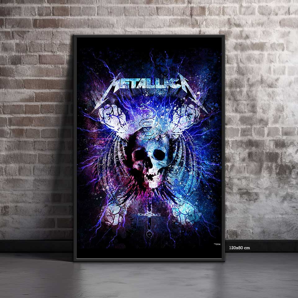 splashed-mur-brique-clair-poster-120x80-francais-musique-metallica-hard-rock-02-avec-cadre-noir