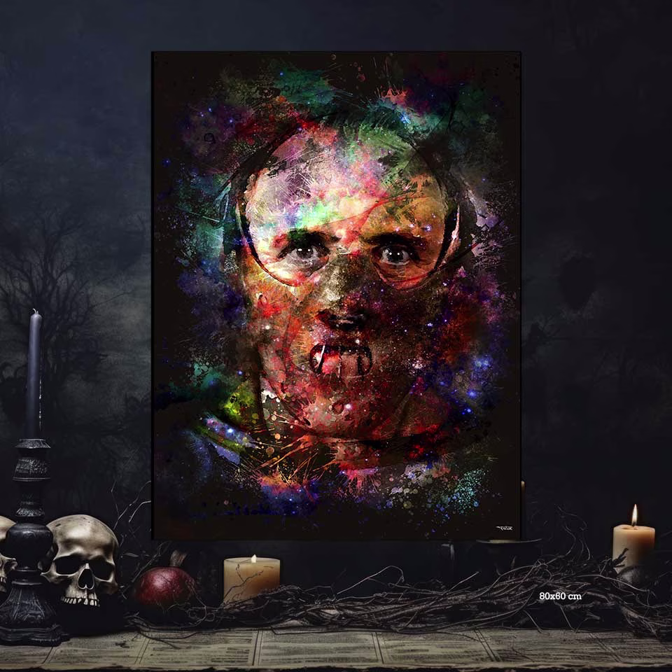 Tableau Le Silence des agneaux version Splashed!, thriller culte en tableau sombre et graphique. Films cultes du festival de Cannes