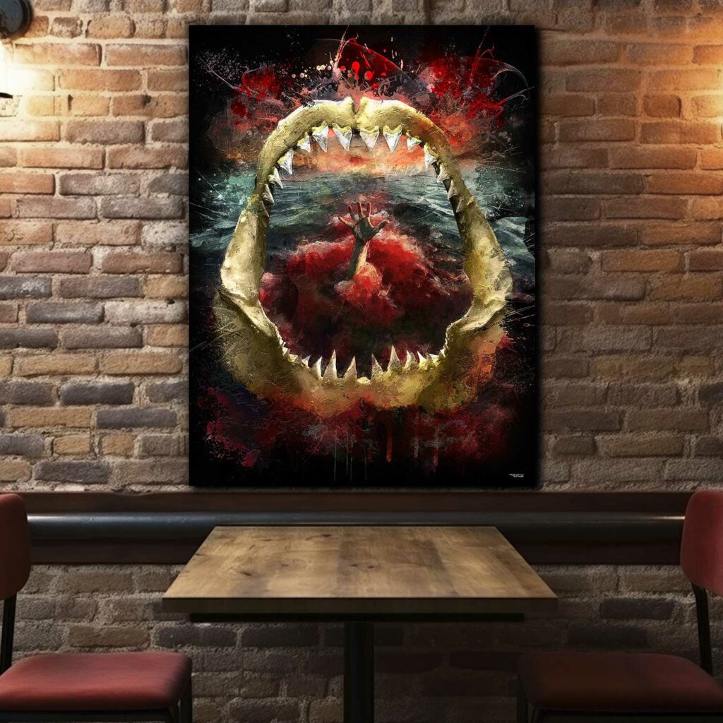 Tableau Les Dents de la mer version Splashed!, requin culte et suspense marin en décoration murale